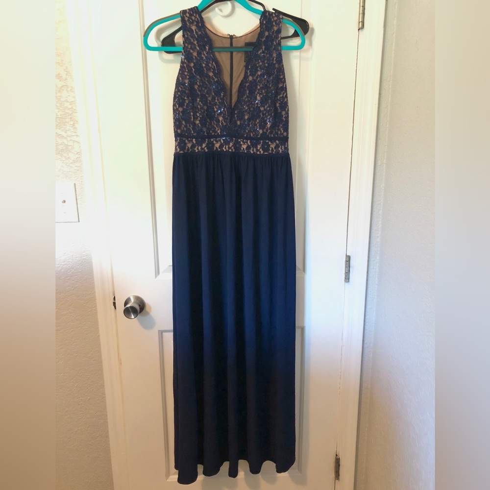 Formal Modest Blue Embellished Maxi Gown with Mesh Neckline